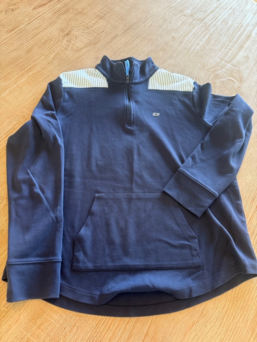 Vineyard Vines Navy Quarter-Zip with Cream Shoulder Panels